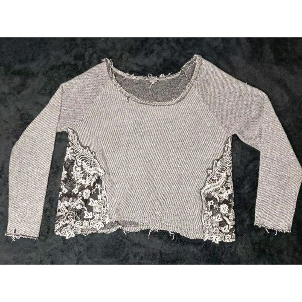 Poof Long Sleeve Lace Inset Distressed Pullover Sweater M Gray Grunge Punk Boho